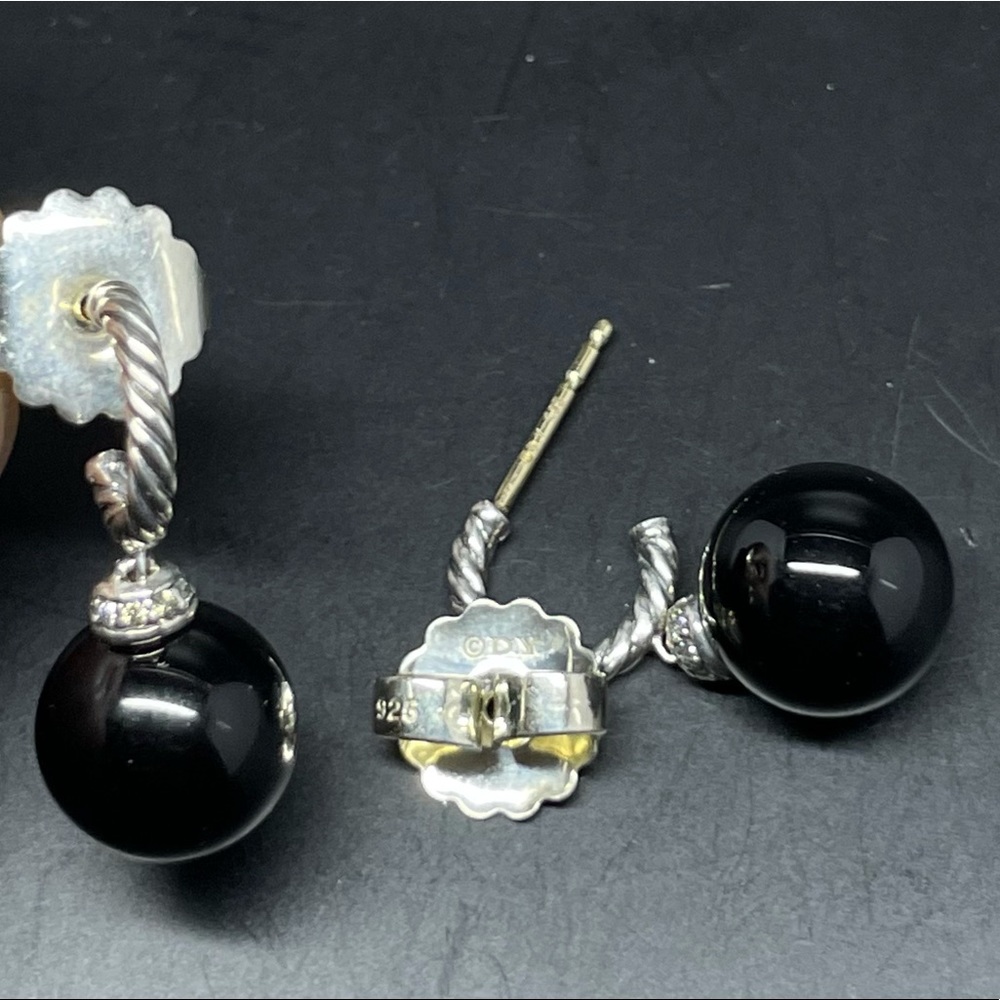 DAVID YURMAN 9mm Solari 925 Silver Onyx & Diamonds Hoop Drop Earrings
